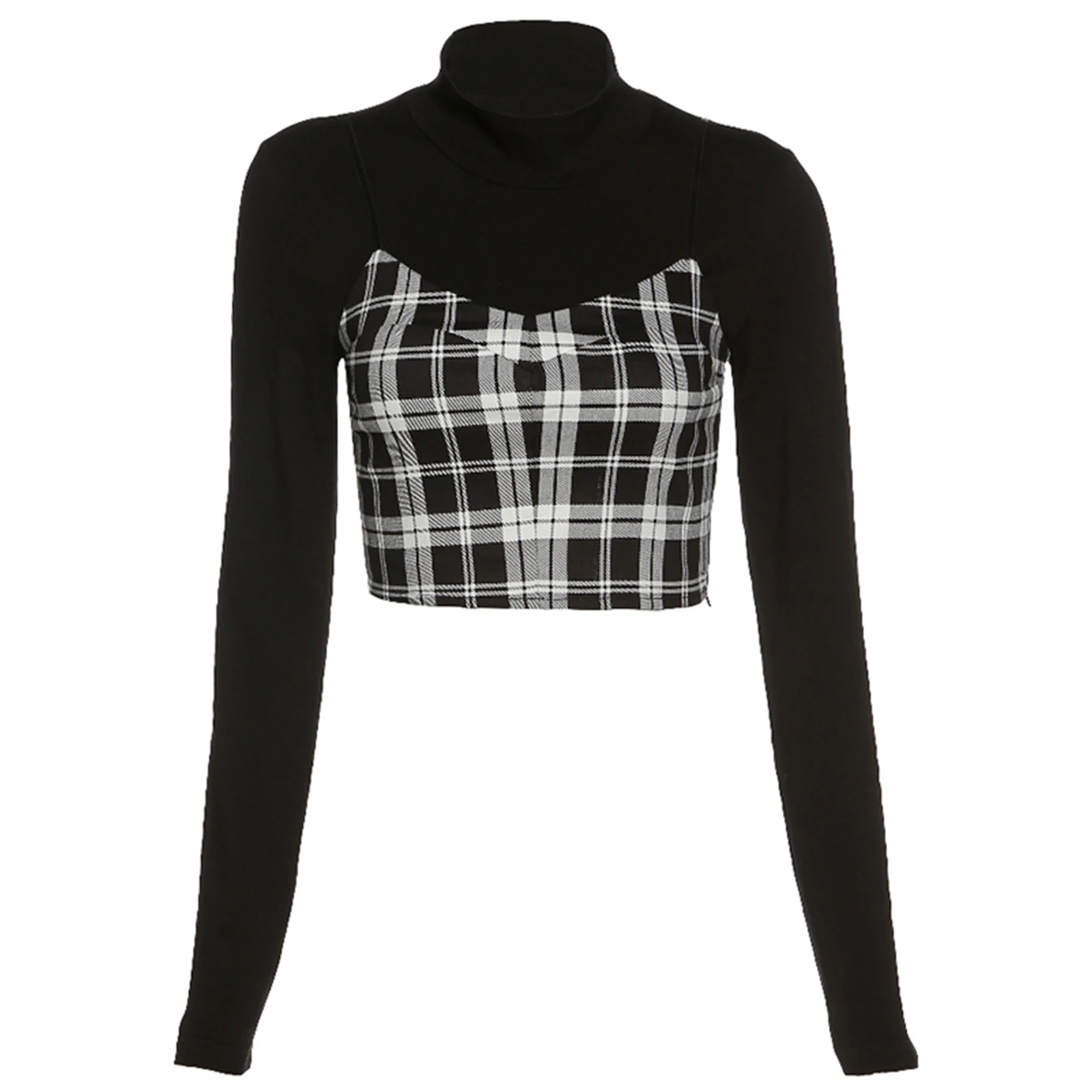 

Two Pieces Sets Skinny Black Turtleneck Long Sleeve Women Crop Tops T-shirts With Plaid Camisole Streetwear