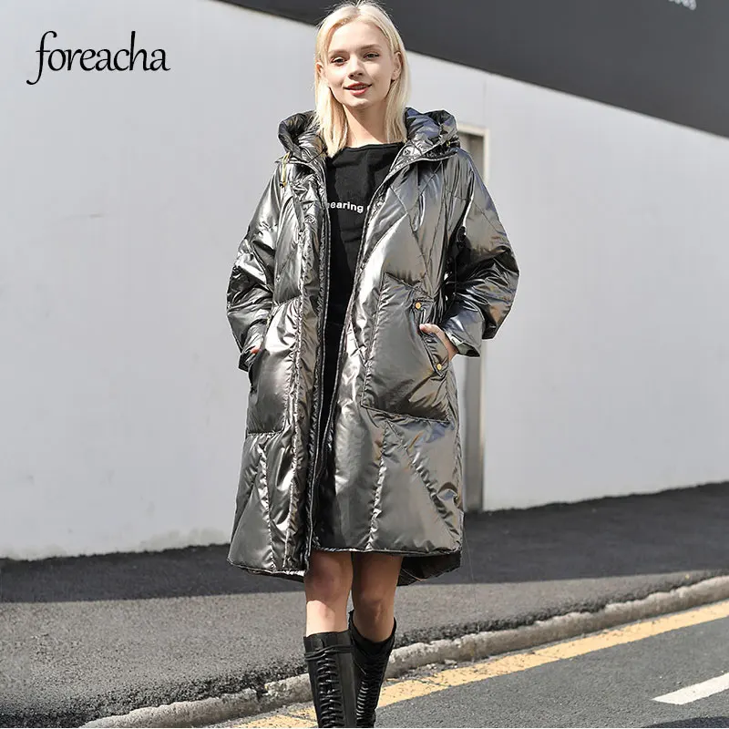 

foreacha winter women stand up collar thick warm hooded down jacket single breasted loose over the knee white duck down jacket