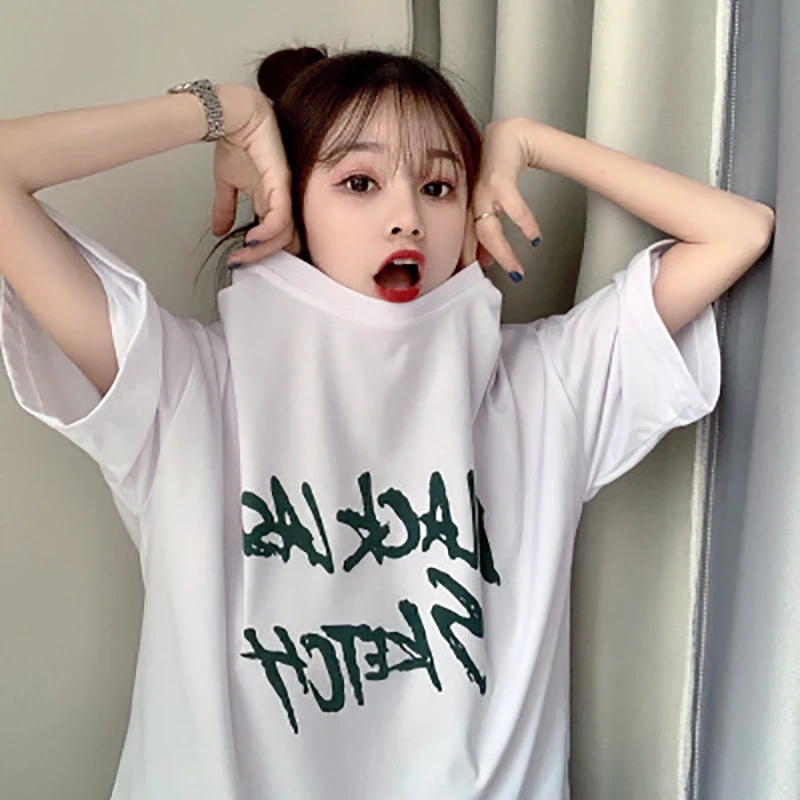 Женская хлопковая футболка с коротким рукавом свободная средней длины буквенным