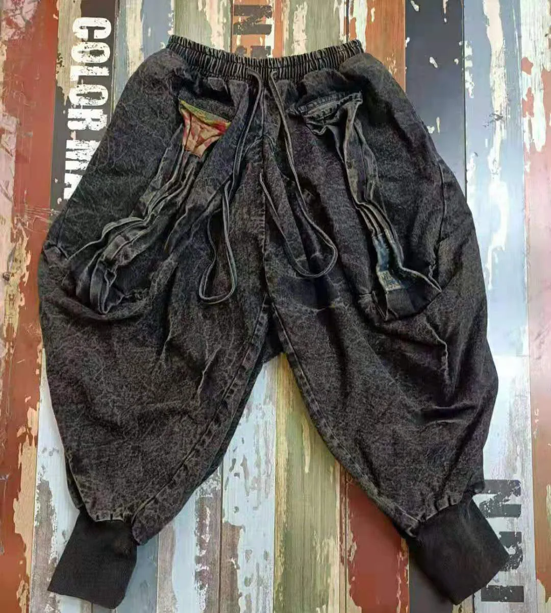 LYUZHE Vintage Solid Tie Feet Denim Wide Leg Pants Women 2021 Summer Distressed Drawstring Ankle-Length Pants Black Blue QDY110