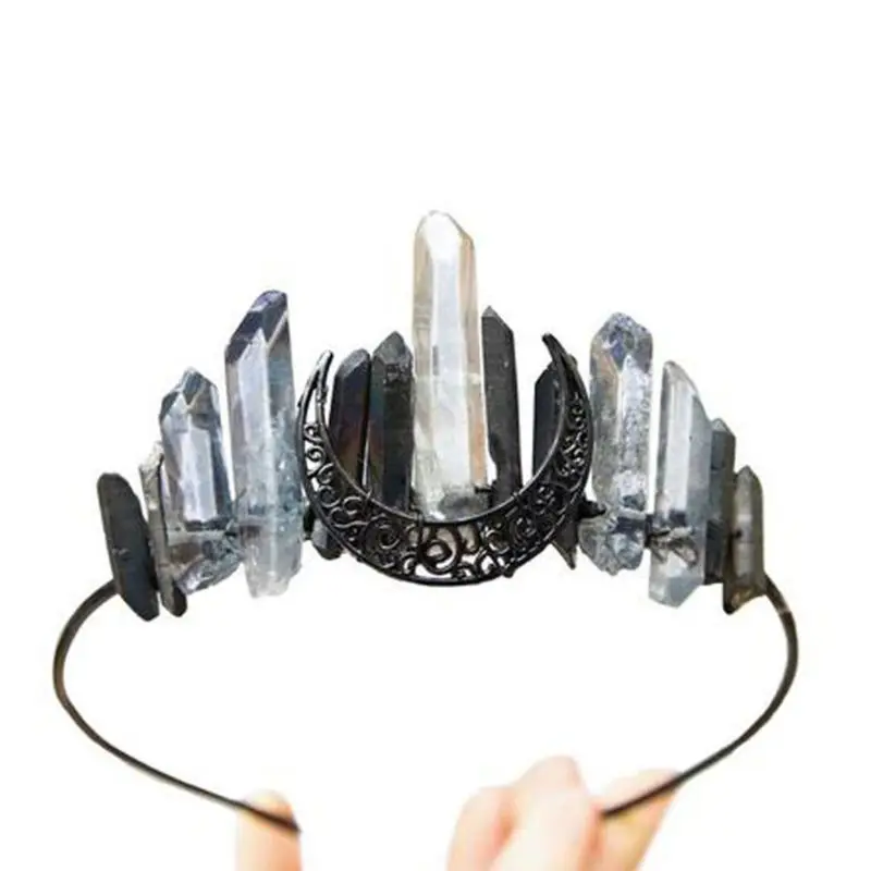 

2020 Handmade Faux Raw Crystal Headband Quartz Black Moon Bridal Alloy Tiara Crown