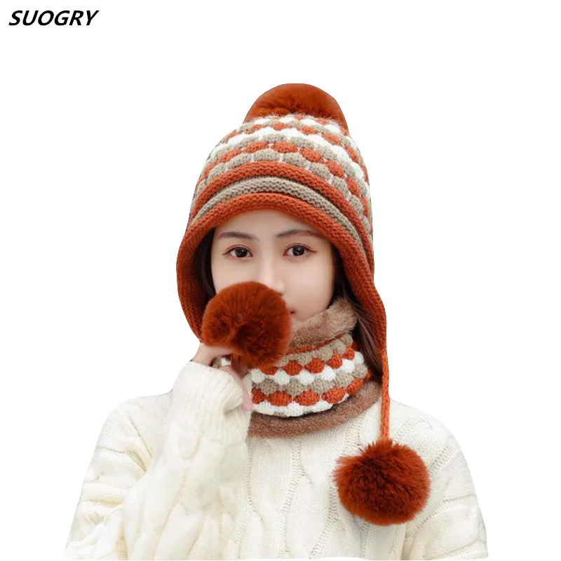 

2019 Winter Two-piece Velvet Hats women 3 Hair Ball Knit Bib Warm Beanies Hat Female Windproof Wool Bonnet Riding Caps Sets