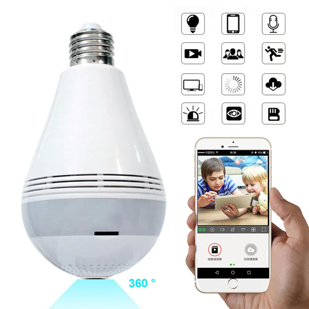 Cámara LED HD panorámica IP de 360 grados, bombilla de luz Led de seguridad para interiores, Monitor de bebé