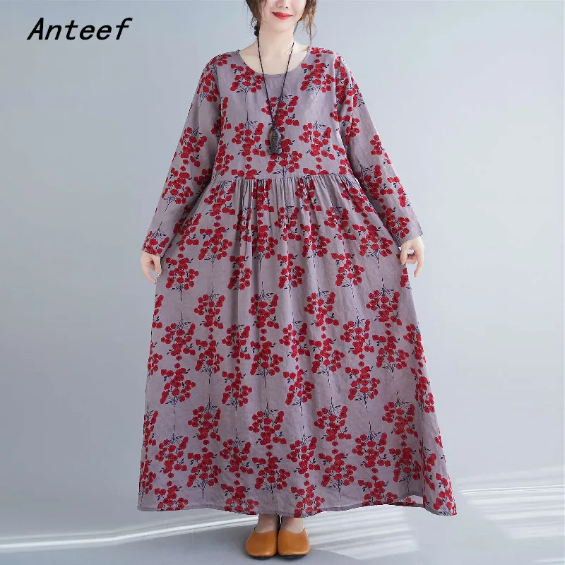 

long sleeve cotton linen vintage floral dresses for women casual loose woman spring autumn dress elegant clothes 2021