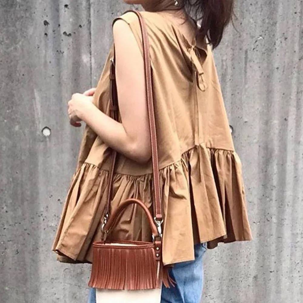 Женская плиссированная рубашка без рукавов коричневая Повседневная офисная