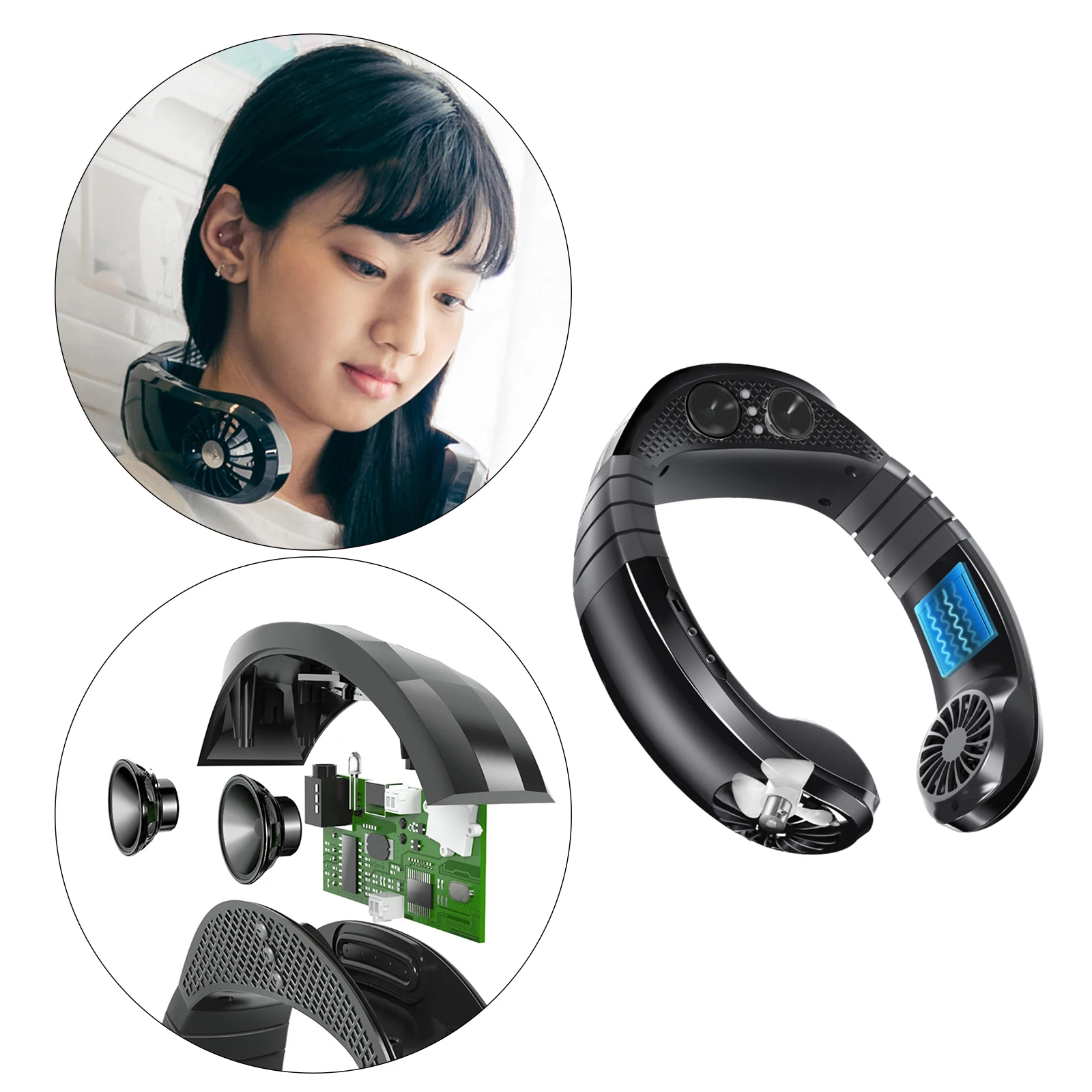 Портативный ленивый вентилятор для висячей шеи с беспроводным Bluetooth аудио, низким уровнем шума и динамиком, позволяющим использовать руки при беге на открытом воздухе.