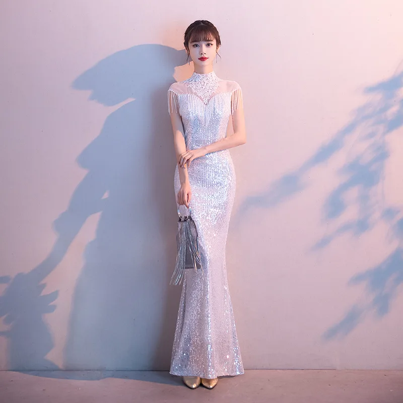 

Elegant Sequins Dress for Female 2021 Summer New Banquet Temperament Annual Meeting Host Long Aura Queen Mermaid Dress K098