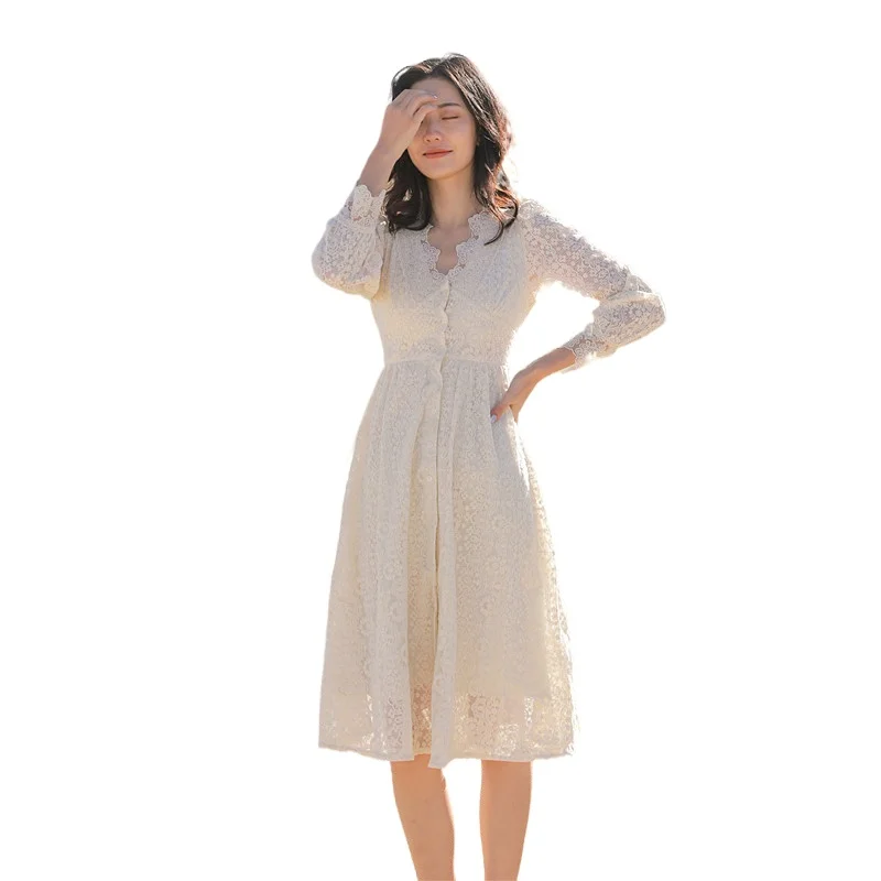 

High Quality Spring Elegant Lace Apricot Dress Women's 31 2021 V-Neck Single Breasted Waist Long Sleeve Knee-Lenght Vestidos