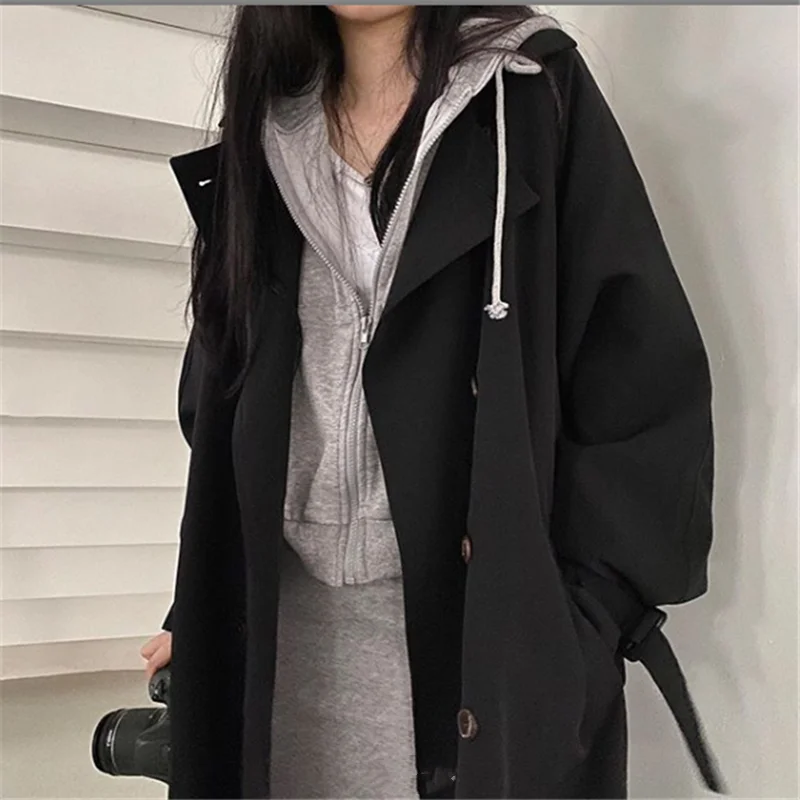 

Woman Windbreaker Coat Black Retro British Style Spring Medium Long Korean Preppy Style 2021 Fashion Loose Women Oversize Coat