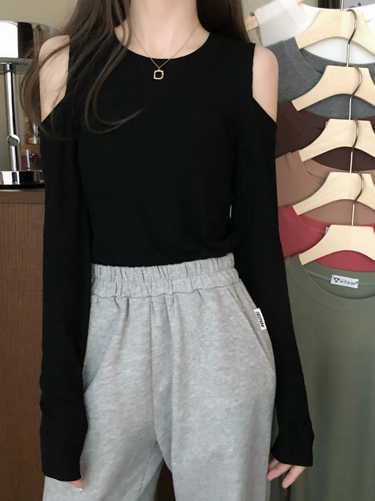 Черная женская футболка с открытыми плечами и длинным рукавом новинка 2021 осенняя