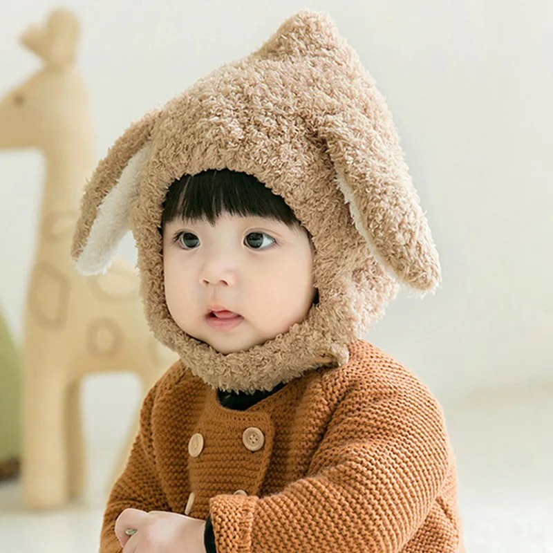 Khaki rabbit ears Осенне-зимняя детская бейсболка дети теплые наушники ветрозащитная плюшевая шапка бальный торт берет шерстяной вязаный головной убор от 3 до 36 месяцев милый кролик - Цвет: Khaki rabbit ears