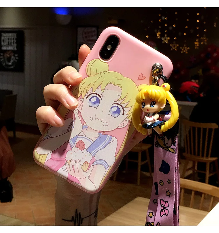 Для iphone Xsmax милые 3D Сейлор Мун чехол для телефона для iphone 8plus 6 S плюс с нарисованной девочкой, задняя крышка для iphone XR 7 plus длинный ремень