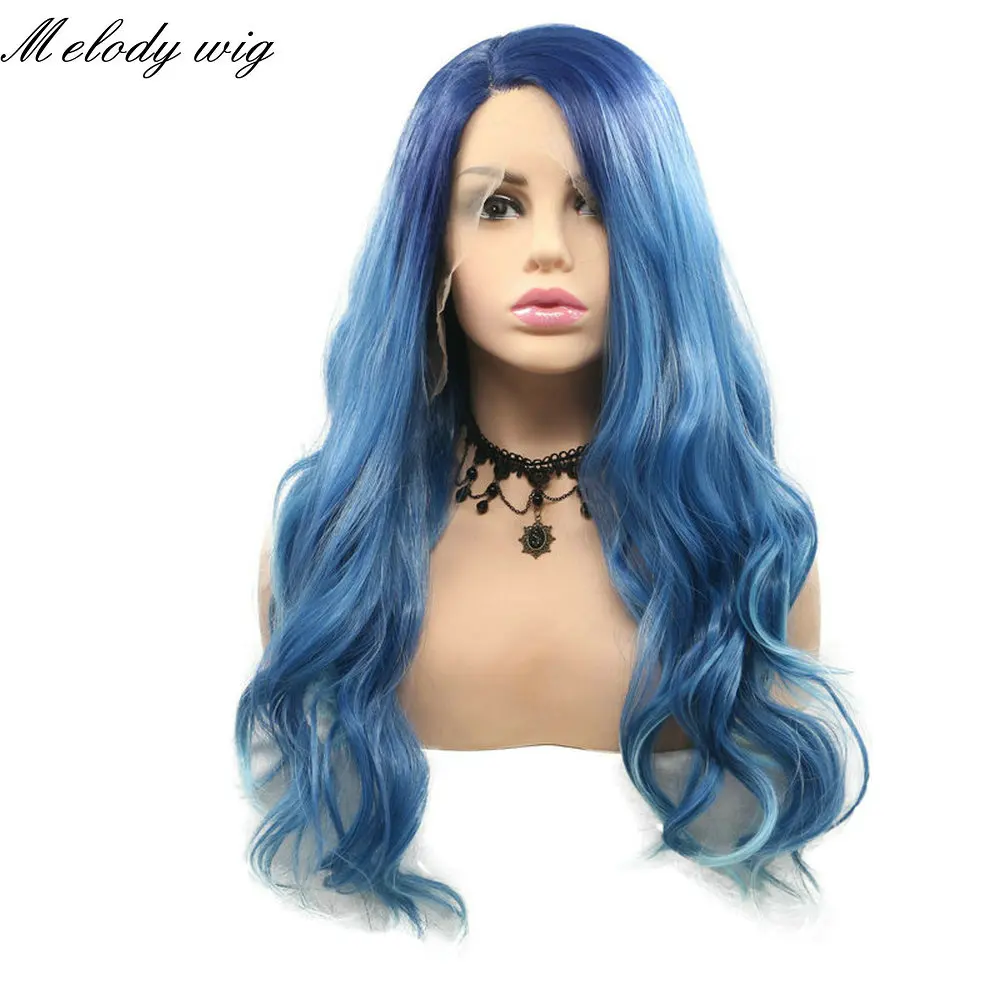Melody Synthetic Lace Front Wig Dark Blue Ombre Pastel Blue Mermaid Long Natural Wave for Women Natural Looking Drag Queen Daily