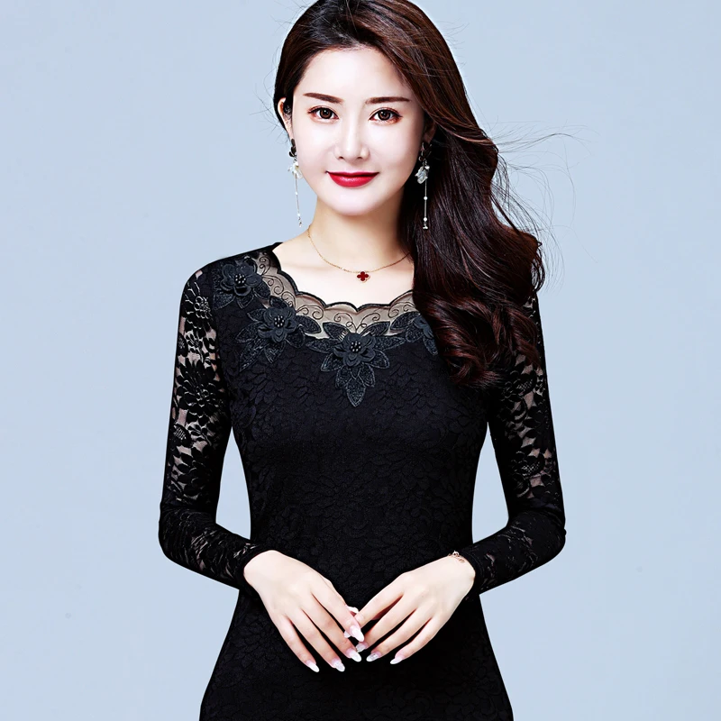 

Women Spring Autumn Style Lace Blouses Shirts Lady Casual O-Neck Long Sleeve Slim Lace Blusas Tops DD8161