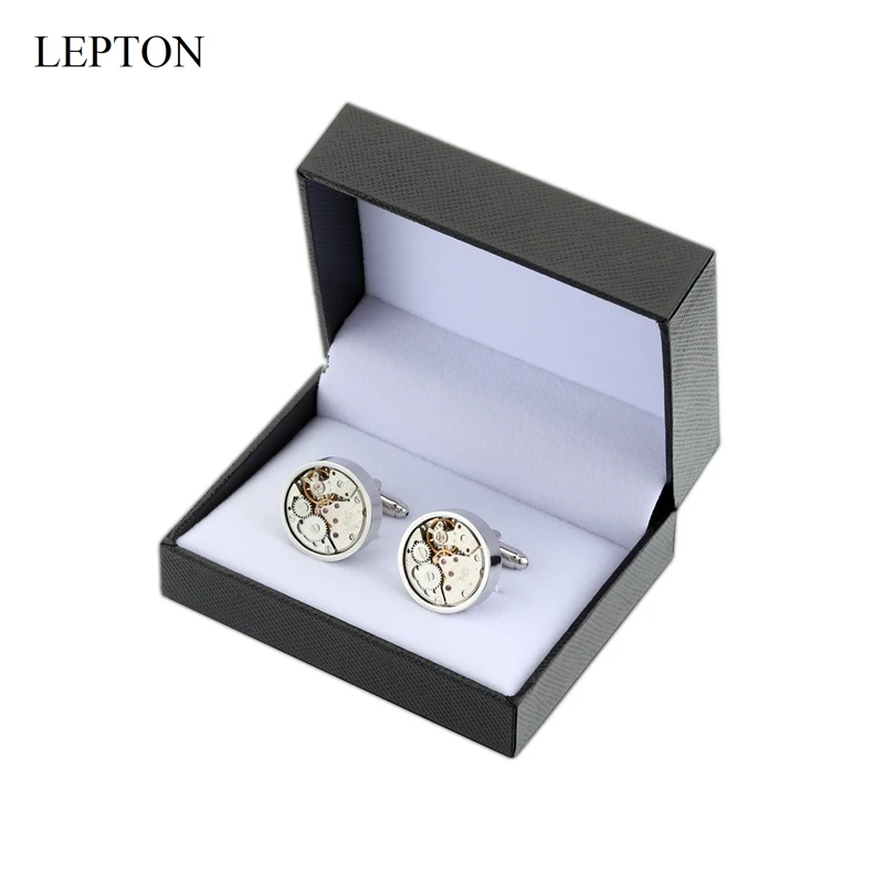Lepton Watch Movement Cufflinks Wedding Groom Silver Color Round Steampunk Gear Watch Mechanism Cuff links for Mens Best Gift