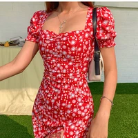 women summer puff sleeve floral print party dress french style retro elegant dress sweet small fresh mid length dress 2021