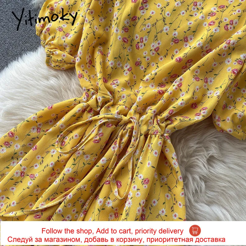

Yitimoky Floral Print Elastic High Waist Midi Dress for Women 2021 Puff Sleeve Square Collar A-Line Summer Clothes Korean Green