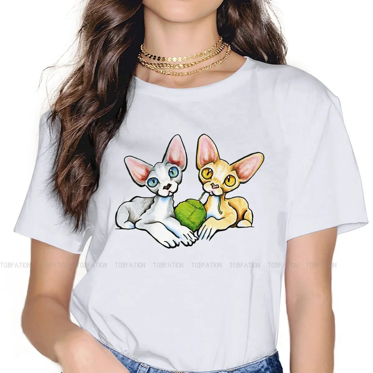 Double Devons Women's T Shirt Canadian Hairless Cat Sphynx Ladies Tees Kawaii O-neck Tops Graphic Tshirt Loose 4XL Fashion | Женская