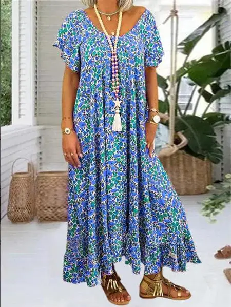 

Loose Plus Size S-3XL V-neck Floral Short Sleeve Women Bohemian Beach Casual Dresses Elegant Ladies Holiday Dresses Ankle-length