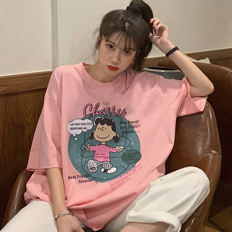 

2021 Cartoon Print Shirts Woman Summer Cute Letter Girl Short Sleeve Graphic Oversize Harajuku Casual Loose T-shirt Tee Top
