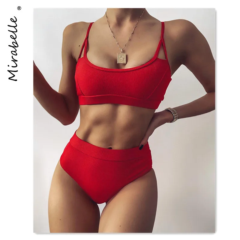 

High Waist Swimwear Women Bandeau Push Up Triangle Bikini Set Ribbed Sport Bather Solid Beachwear Summer Bathing Suit 2021 New