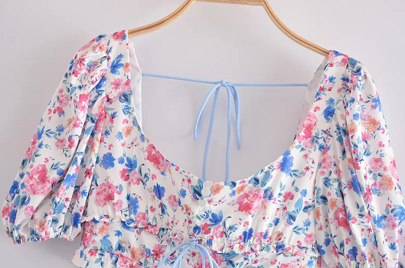 

European and American Crushed Flower Square Collar Strappy Short Jacket and High-waisted Ruffled Skirt Skirt Set Girl DLTZ114