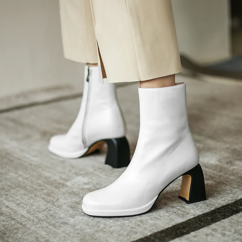 

COVIBESCO Fashion Elegant Genuine Leather Winter Boots Side Zipper Platform Retro High Heels Pumps Wedding Working Shoe Woman