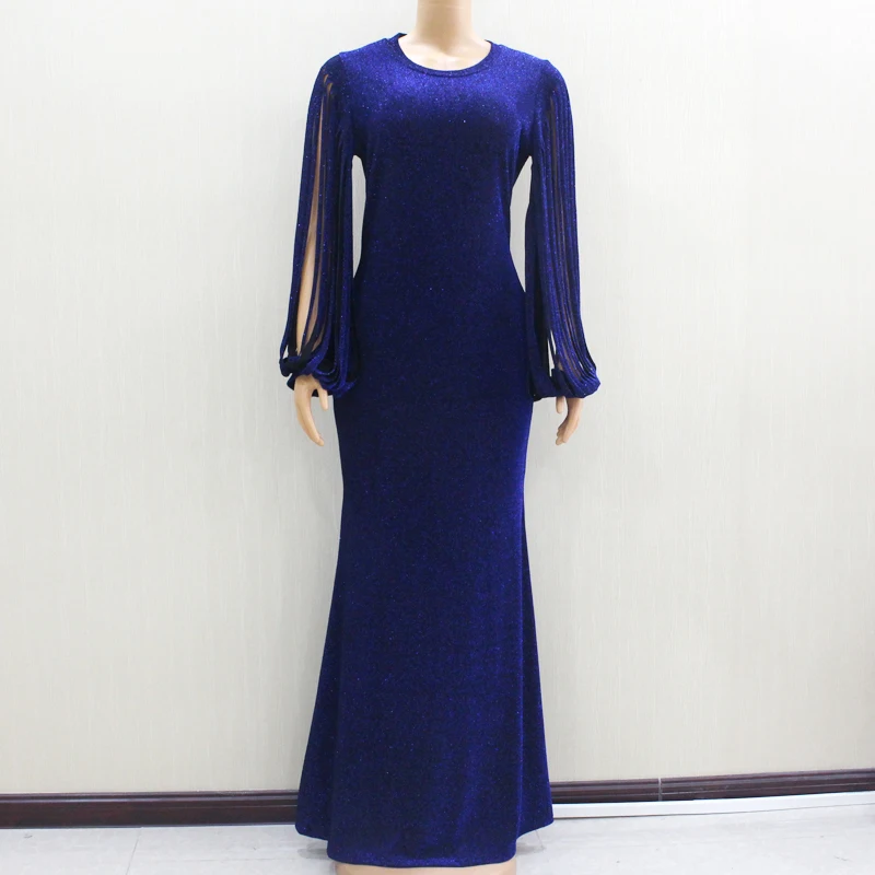 Женское вечернее платье на пуговицах синее блестящее однотонное с поясом в