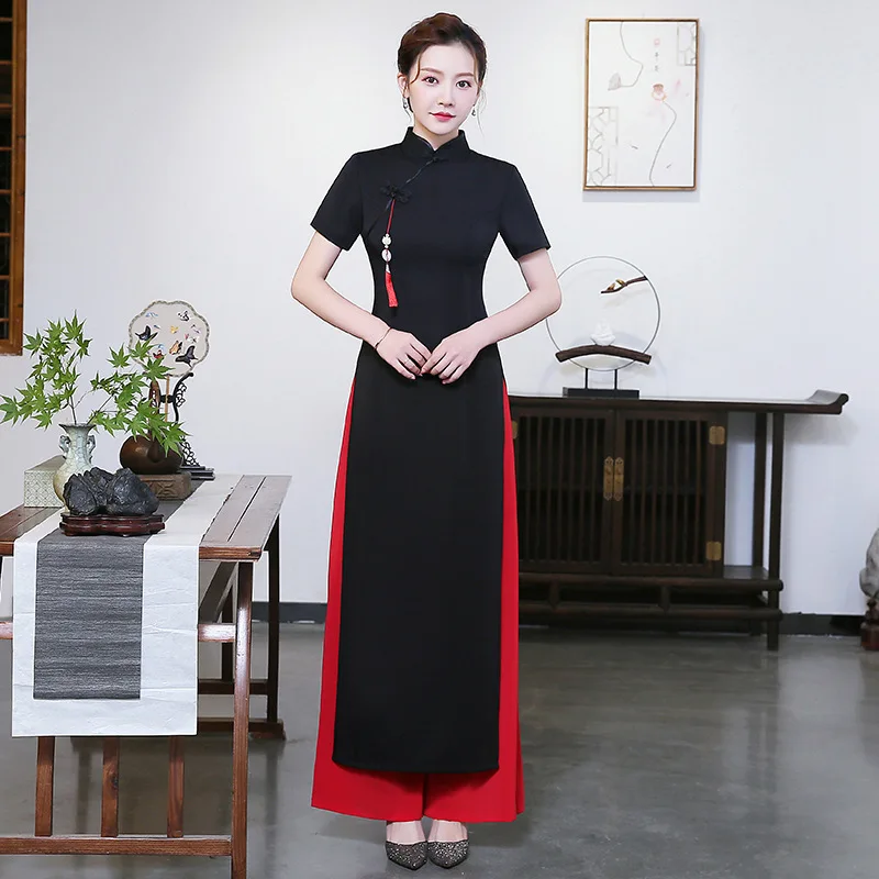 

Женское черное элегантное платье Qipao, пикантное тонкое длинное китайское платье Chengsam с воротником-стойкой, классическое атласное платье, ра...