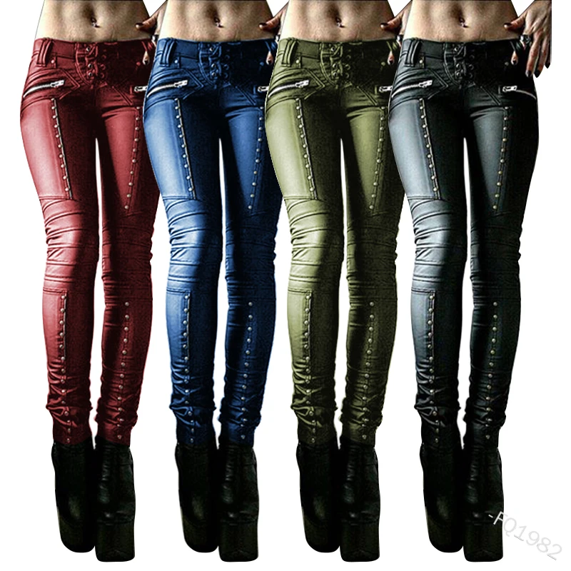 

Women Retro PU Pants Leather steampunk Rivet Zipper Lace up Pencil pants Medieval Gothic Skinny Streetwear Autumn Casual Trouse