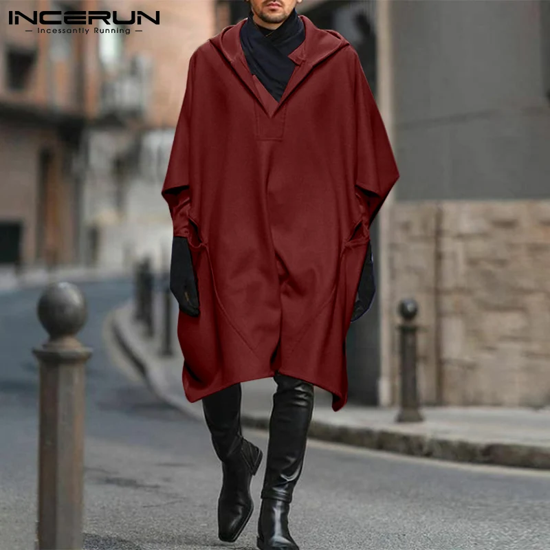 

Solid Color Men Cloak Coats Streetwear Hooded Faux Wool Blends Loose Casual Irregular Trench 2021 Men Ponchos Cape S-5XL INCERUN