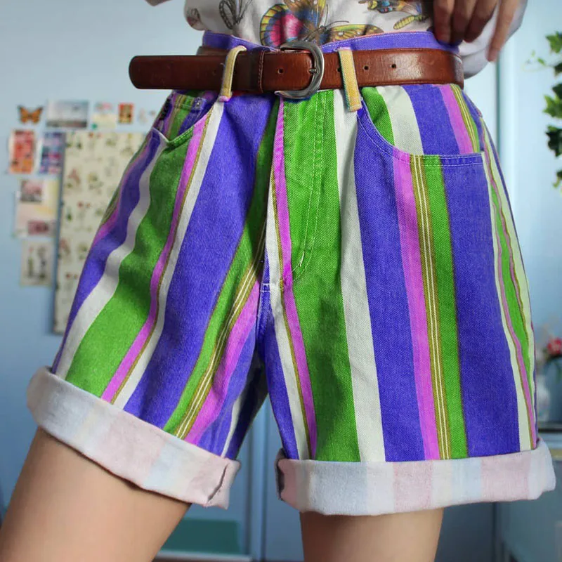 

Retro Shorts 2021 Summer Vintage Color Striped Shorts High Street Colorful Loose Short Pants Streetwear Shorts Women Clothes
