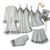 5pcs bride lace pijamas sleep suit white womens silky satin pajamas sets spring sexy toppants sleepwear home nighty nightgown