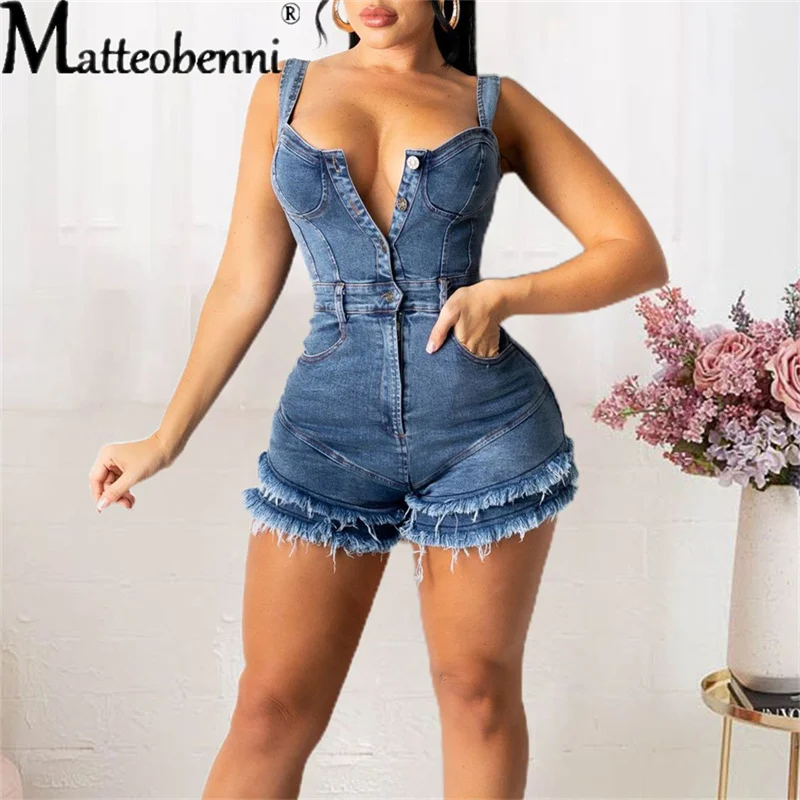 Sexy Jean Playsuit Summer Overalls Solid Sleeveless Spaghetti Strap Bodycon Denim Playsuit Women One Piece Romper Short Jumpsuit