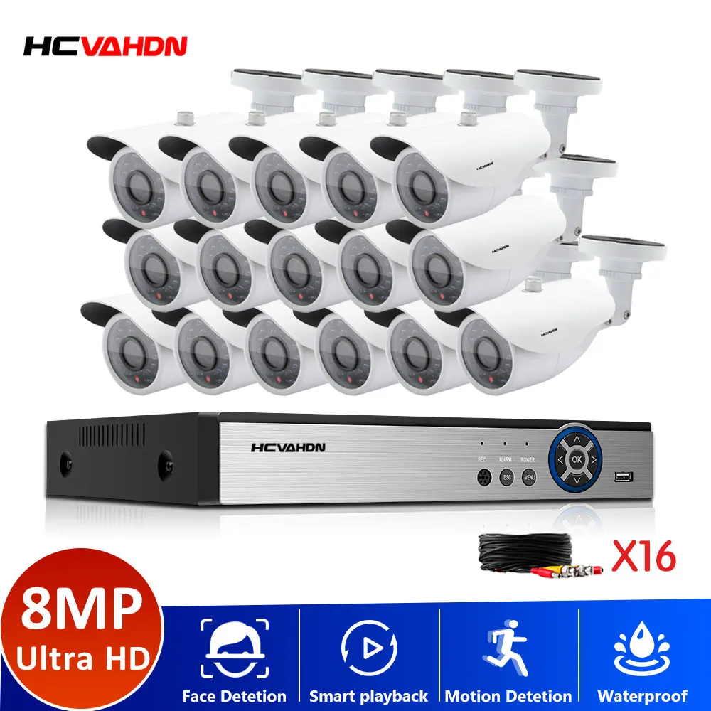 

Система видеонаблюдения 4K Ultra HD, 16 каналов, H.265, DVR, 8/16 камер 8 Мп, ИК-подсветка, ночное видение, водонепроницаемый купольный комплект видеонабл...