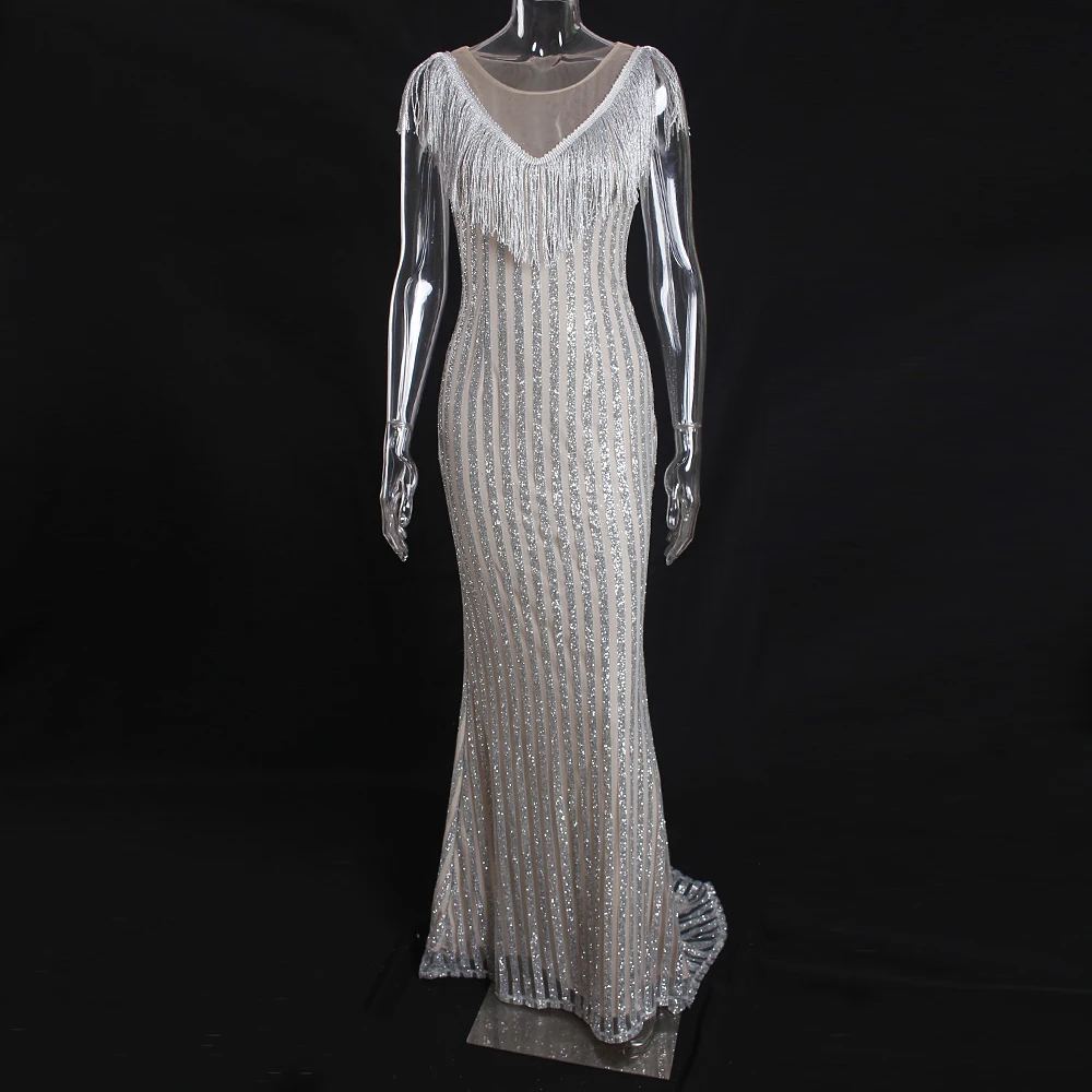 Блестящее платье макси с бахромой и V образным вырезом сетчатое лоскутное