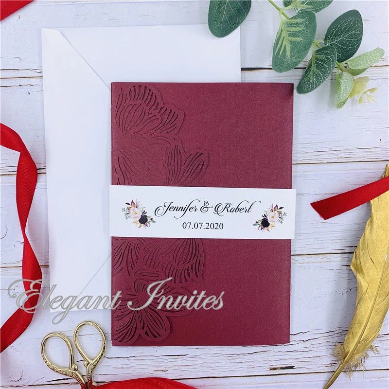 

Elegant Flower Burgundy Wedding Invitations Laser Cutting Invitation Card for Wedding Hollow Birthday Party Invite Greeting