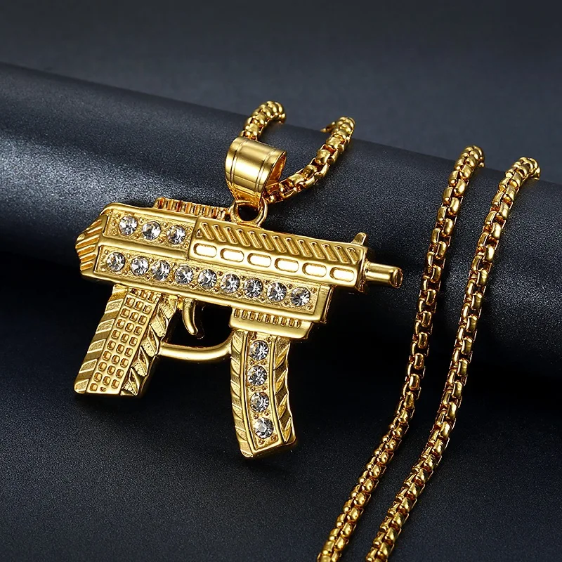 

European And American Fashion Temperament Hip Hop Hiphop Gold Plated Diamond Submachine Gun Shape Pendant Necklace