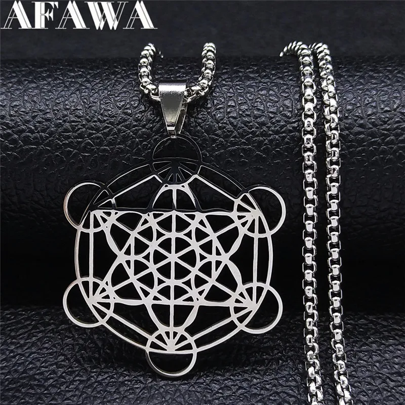 

Flower of Life Chakra Spiritual Stainless Steel Chain Necklace Sacred Geometry Metatron Cube Necklaces Pendants Solomon Jewelry