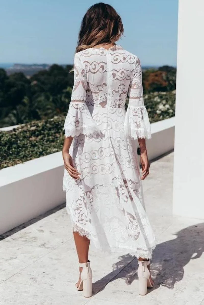 

Summer Fashion Half Sleeve Lace V-neck Button Sexy Mid-calf Dress for Women Vestidos De Mujer FZ151
