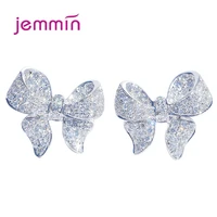 delicate 100 925 sterling silver sparkling bow stud earrings with clear aaaa cz zircon women party luxury jewelry gift
