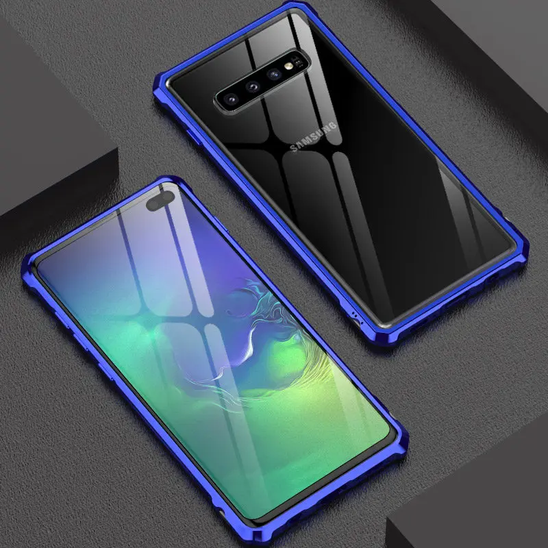 Purple Blue Роскошный металлический бампер, чехол для samsung Galaxy S10 Plus S10E чехол, стеклянная задняя крышка для samsung S10 Plus чехол s Armor S10Plus E - Цвет: Purple Blue