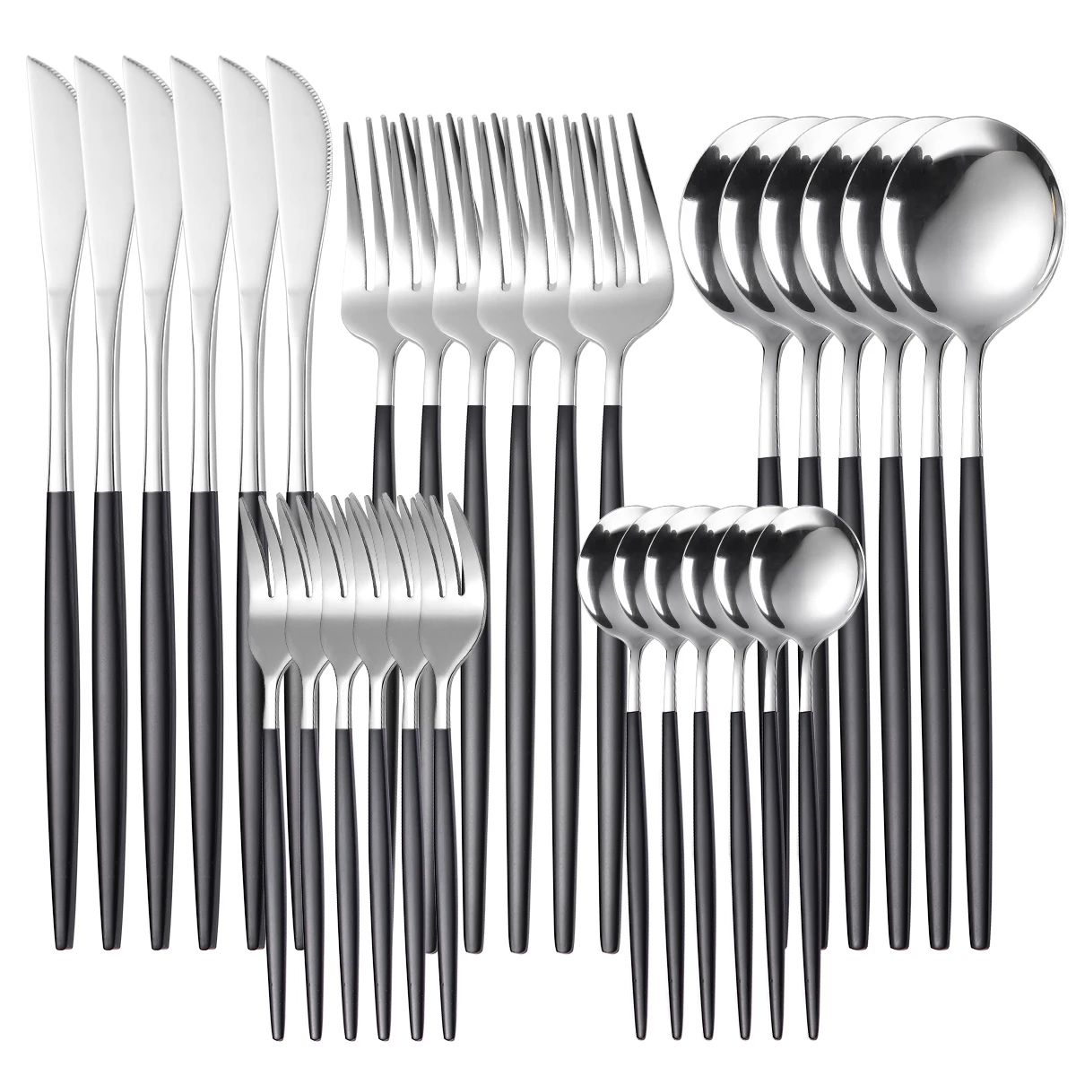 

30Pcs/Set Stainless Steel Flatware Set Steak Knife Fork Coffee Spoon Teaspoon Dinnerware Set Kitchen Dishwasher Safe Cutlery Set