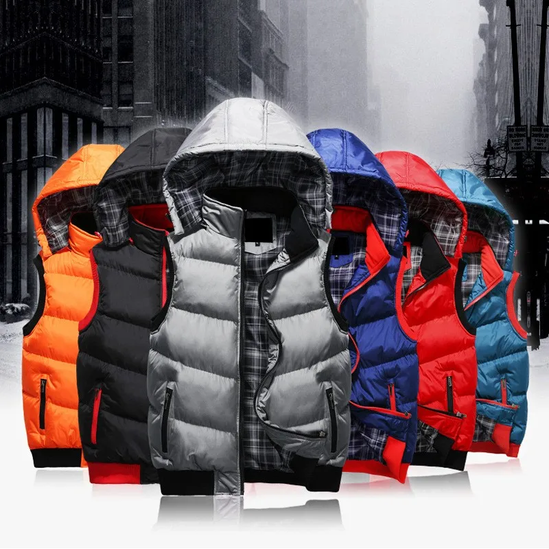 

Men Winter Sleeveless Down Jacket Casual Hooded Vest Fashion Warm Outwear Coat For Men Zipper Lovers Windbreaker Large Size 5XL