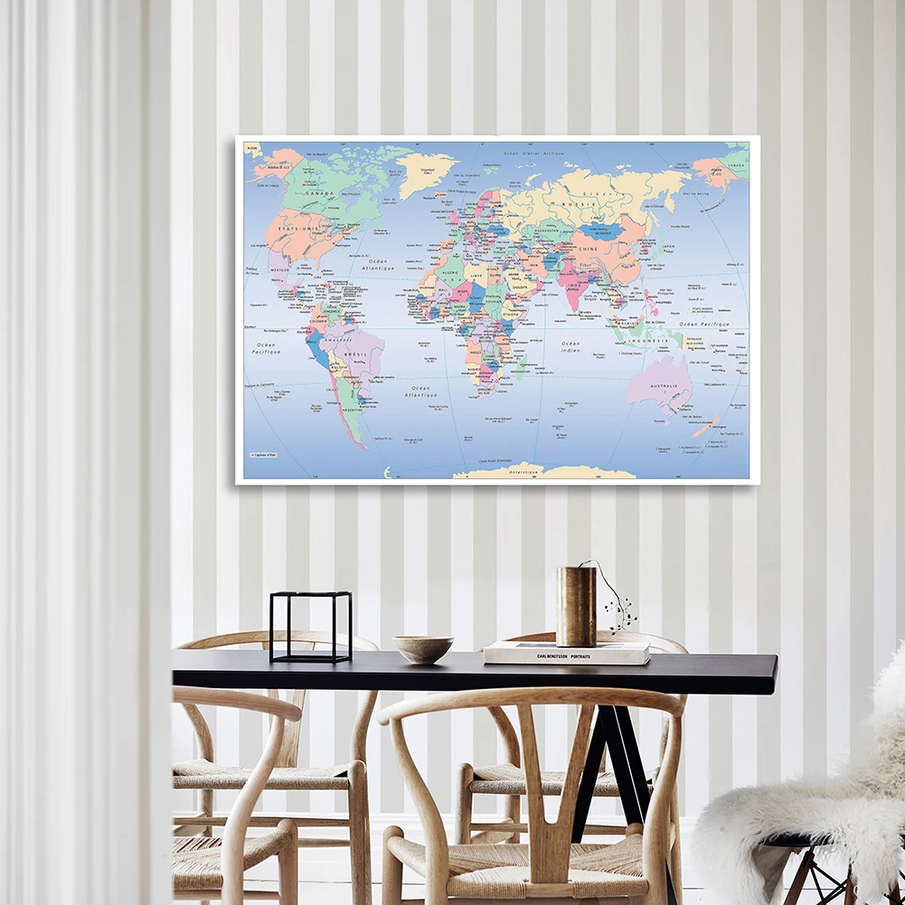 

5 Size Political Map of The World In French Non-woven Canvas Painting Vintage Poster Classroom Home Decoration School Supplies