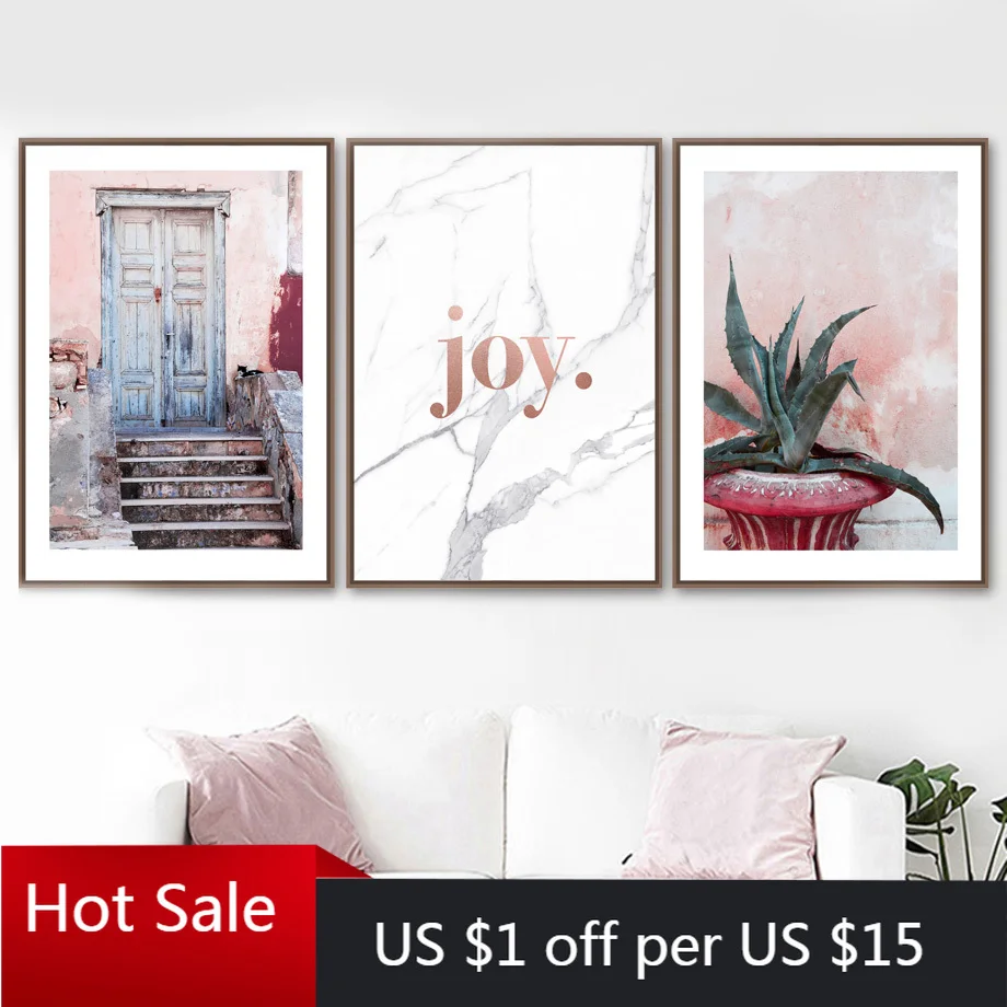 Настенная картина с алоэ и мраморным рисунком розовая дверь настенное искусство