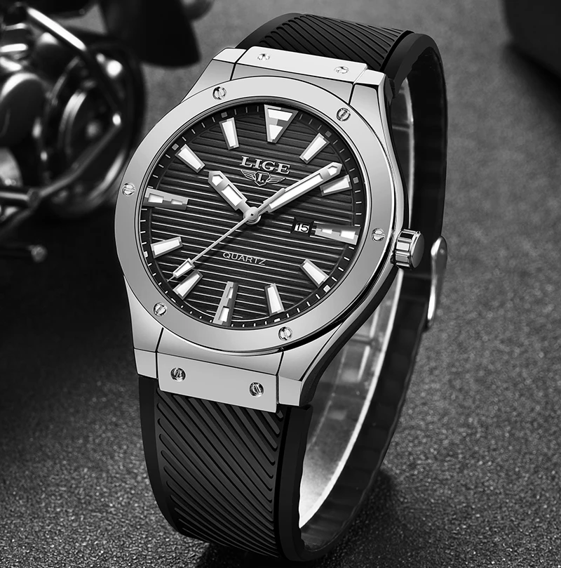 Часы наручные LIGE Мужские кварцевые с силиконовым ремешком брендовые Роскошные