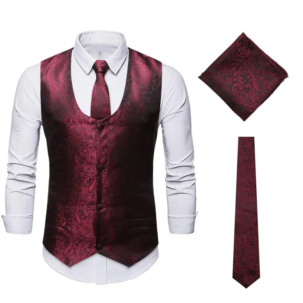 

Mens Classic Wine Red Paisley Jacquard Floral Waistcost Vest Handkerchief Party Wedding Tuxedo Tie Vest Suit Pocket Square Set