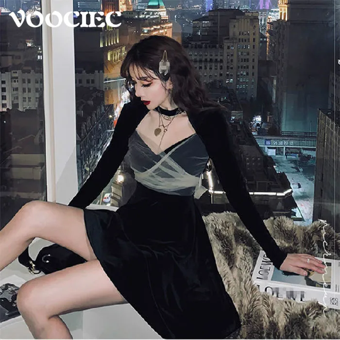 

Весенне-осеннее Сексуальное Женское бархатное платье VOOCIEC с V-образным вырезом модное платье с лямкой на шее для ночного клуба вечеривечерн...