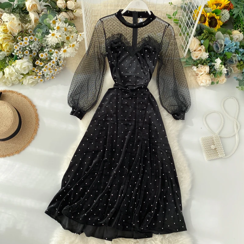 2019 Новая модная женская одежда осеннее бархатное белое платье в горошек женское |